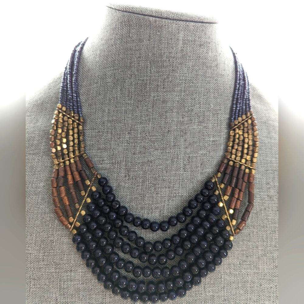 Talbots Multi Strand Glass Wooden Beaded Bohemian Style Bib Collar Necklace